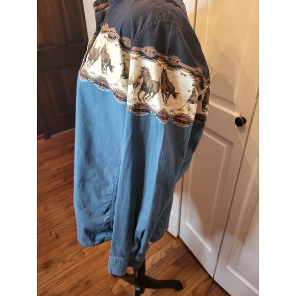 Women's Bit and Bridle Blue/Black Horse Print Button Up XL Western Cowgirl Rodeo - Picture 5 of 9